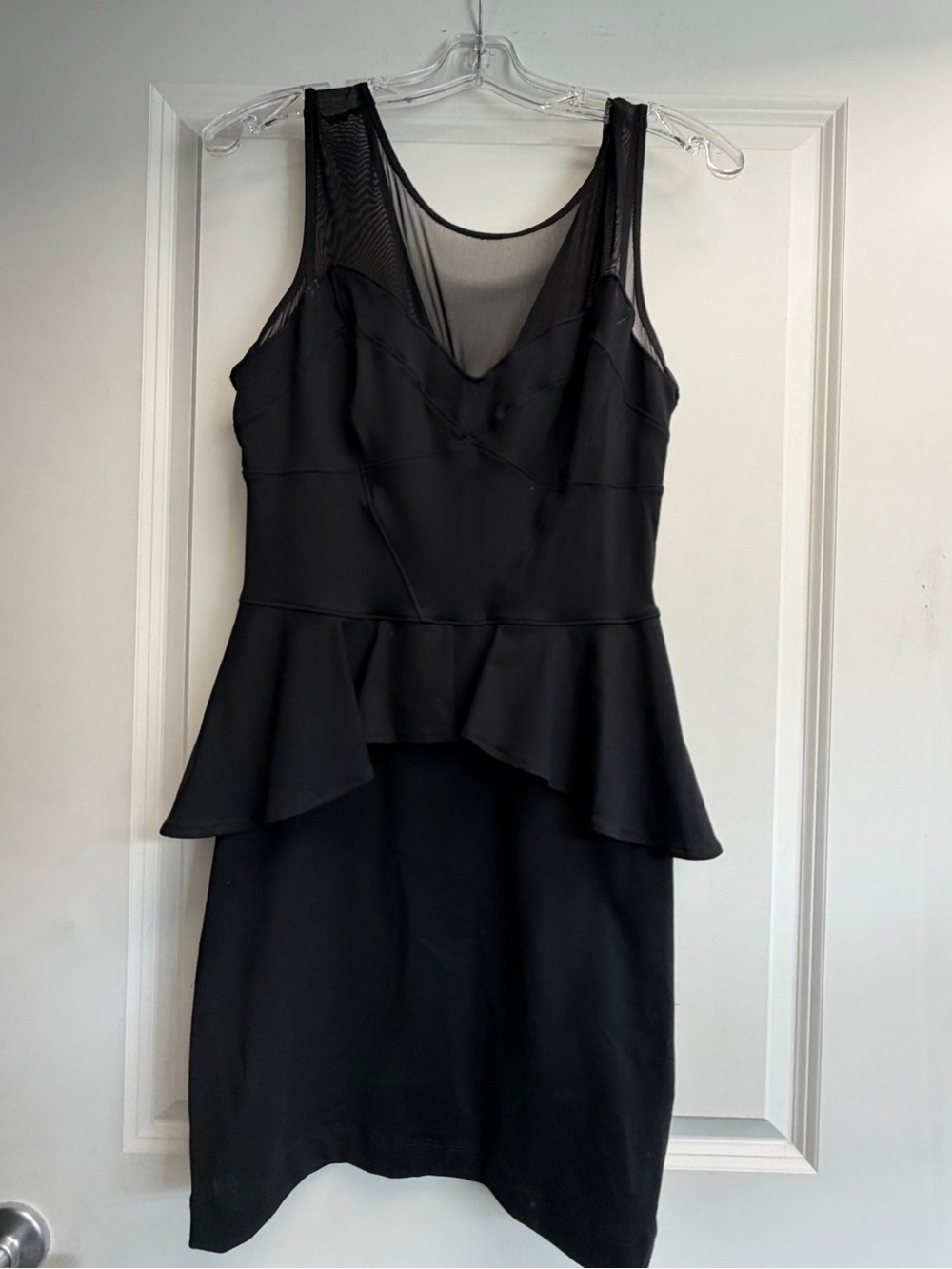 bebe Black Peplum Mini Dress with Sheer Mesh Yoke
